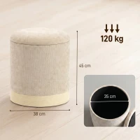 HOMCOM Pouf coffre rangement, tabouret rond en chenille, pouf repose-pieds avec base en métal effet bois, beige(m-3)