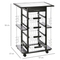 HOMCOM Chariot de service desserte de cuisine à roulettes multi-rangements 4 paniers métal tiroir + 4 range-bouteilles bois pin noir plateau carrelé blanc(m-3)