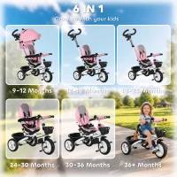 HOMCOM Metal Frame 6 in 1 Baby Push Tricycle with Parent Handle for 1-5 Years Old, Pink(m-4)