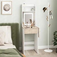 HOMCOM Small Vanity Desk with Mirror and LED Lights, Compact Dressing Table with Drop Leaf, Open Shelves and Drawer, White(m-10)
