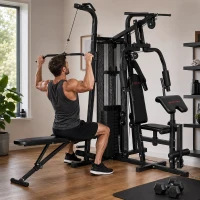 SPORTNOW Multifunktions-Trainingsstation, Heimfitness-Maschine für über 10 Übungen, Gewichte, anpassbare Fitnessbank, Schwarz(m-2)