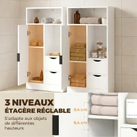 HOMCOM Meuble de salle de bain, meuble de rangement étroit avec 2 tiroirs, compartiments ouverts, 50x25x100cm, blanc(m-5)