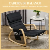 HOMCOM Cadeira de Baloiço com Apoio de Pés Ajustável em 5 Posições, Bolso Lateral, Braços em Madeira e Apoio de Cabeça, Preto(m-4)