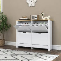 HOMCOM Smalle Schoenenkast met 4 Klapvakken voor 8–16 Paar Schoenen, 105 x 26 x 80 cm, Wit + Natuurlijk hout(m-9)