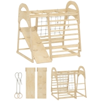 AIYAPLAY Binnen-klimrek, 6-in-1 ontwerp, glijbaan, klimstangen, klimwand, ladder, klimnet, 3-6 jaar, hout