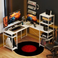 HOMCOM L-vormig bureau met oplaadstation, hoekcomputertafel met monitorstandaard en planken, voor thuiskantoor, kantoor, Wit(m-8)