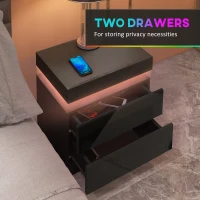 HOMCOM Black Bedside Table with LED Light, High Gloss Front Nightstand with 2 Drawers, for Living Room, Bedroom(m-6)