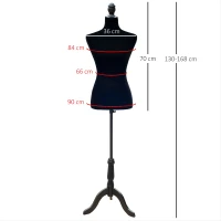HOMCOM Manequim de Costura Feminino Manequim de Costura Ajustável a 130-168 cm com Tripé de Madeira Preto(m-3)