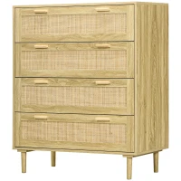 HOMCOM Commode 4 tiroirs meuble de rangement façade tissage en rotin style bohème dim. 90l x 45P x 108,5H cm Aspect Bois Clair(m-12)