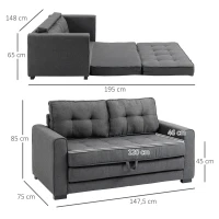 HOMCOM Multifunctionele Slaapbank Grijs | Comfortabele 2-Zits Sofa met Slaapfunctie | Ideaal voor Kleine Ruimtes(m-3)