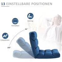 HOMCOM Vloerstoel Gastenmatras, verstelbare rugleuning, fluweelachtige uitstraling, 55 cm x 71 cm x 53,5 cm, Blauw(m-5)