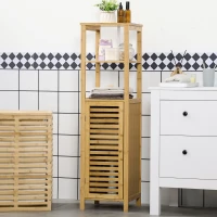 kleankin Armadietto Bagno in Bambù con 2 Ripiani Aperti e Armadietto a 2 Livelli, 32.9x29.9x120 cm(m-10)