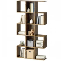 HOMCOM 5-Tier Bookshelf, S Shaped Geometric Bookcase with 15 Compartments, Rustic Brown(m-11)