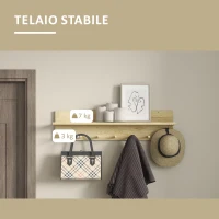 HOMCOM Mensola da Parete in Legno di Abete con 7 Ganci per Ingresso e Soggiorno, 80x12x20 cm(m-5)