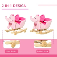HOMCOM 2 In 1 Plush Baby Ride on Rocking Horse Elephant Rocker with Wheels Wooden Toy for Kids 32 Songs for 18+ Months (Pink)(m-5)