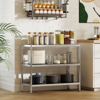 HOMCOM 3-Tier Bakers Rack with Storage, Stainless Steel Microwave Stand with Adjustable Shelves for Small Spaces, Kitchen Storage Unit for Spices, Pots and Pans, Silver Tone(m-10)
