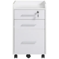 HOMCOM Caisson de bureau rangement bureau sur roulettes 3 tiroirs 1 verrouillable 1 trieur dossiers en bois blanc(m-14)