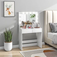 HOMCOM Kaptafel met verlichte spiegel, Laden, 3 Lichtopties, 10 Gloeilampen, Moderne Kaptafel in Wit(m-8)