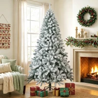HOMCOM Árbol de Navidad Nevado de 220 cm con 1000 Puntas de PVC Ignífugo Ramas Articuladas Montaje Rápido Verde y Blanco(m-2)