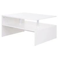 HOMCOM Coffee Table with Storage, 2-Tier Centre Table, Modern Living Room Table with Open Shelf and Aluminium Poles, White(m-1)