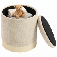 HOMCOM Pouf coffre rangement, tabouret rond en chenille, pouf repose-pieds avec base en métal effet bois, beige(m-17)