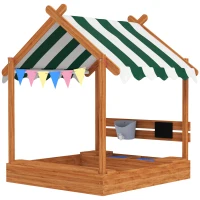Outsunny Zandbak met zonbescherming, speelhuisdesign, met speelgoedset, behandeld massief hout, 124 x 116 x 146 cm, groen(m-10)