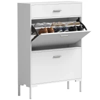 HOMCOM Moderne schoenenkast voor maximaal 12 paar schoenen, met 2 kleppen, lade en verstelbare plank, wit(m-11)