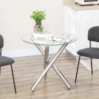 HOMCOM Eettafel, rond blad van gehard glas, randloos ontwerp, voor 2-4 personen, stalen poten, 80 x 80 x 74 cm(m-2)