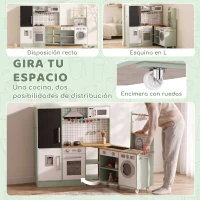 AIYAPLAY Cocina Infantil de Juguete de Imitación con Microondas Horno y Encimera Giratoria sobre Ruedas 160x32x97,5 cm Verde Claro(m-4)