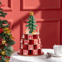 HOMCOM Calendario Avvento di Natale a Cono con Motivi a Tema e 10 Luci a LED, 22x22x35 cm, in Compensato, Rosso Verde e Giallo(m-10)