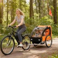 HOMCOM 2 Seat Bike Trailer Bicycle wagon for Kids Child Steel Frame Safety Harness Seat Carrier Orange Black 130 x 76 x 88 cm(m-2)