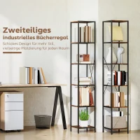 HOMCOM Set van 2 6-niveaus-boekenkasten, stalen frame, voor woonkamer, kantoor, slaapkamer, Rustiek-Bruin(m-5)