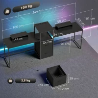 HOMCOM Mesa Gaming Dupla de 244 cm com Estação de Carga Portos USB Suportes para Monitor Gavetas de Tecido Preto(m-3)