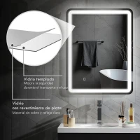 HOMCOM Espejo de Baño con Luces LED 70x90 cm 3 Colores de Luz Brillo Regulable Función Antivaho Función de Memoria IP44(m-8)