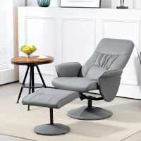 HOMCOM Swivel Recliner Chair with Footstool, PU Leather Armchair and Ottoman with High Back and Round Base for Living Room, Light Grey(m-2)