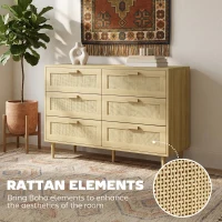 HOMCOM Chest of Drawers, 6-Drawer Dresser, Tall Storage Drawer Unit with Rattan Element for Bedroom, Living Room, Oak(m-5)