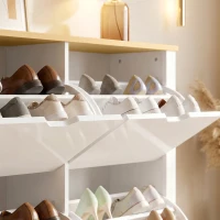 HOMCOM Smalle Schoenenkast met 4 Klapvakken voor 8–16 Paar Schoenen, 105 x 26 x 80 cm, Wit + Natuurlijk hout(m-13)