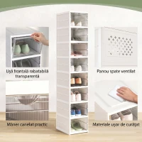 HOMCOM Dulap pentru pantofi cu 8 compartimente suprapozabile și pliabile, cu panou transparent, alb(m-5)