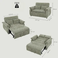 HOMCOM Sofá Cama 2 Plazas Sofá Cama 3 en 1 de Terciopelo 137 cm Respaldo Ajustable Asiento Amplio 2 Cojines Verde(m-3)