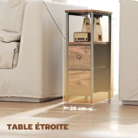 HOMCOM Table d'appoint avec station de charge, table de salon étroite avec 2 tiroirs en tissu, étagère ouverte, brun rustique(m-7)