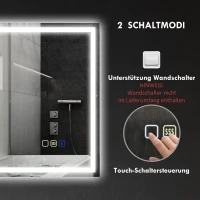 HOMCOM LED-badkamerspiegel met Bluetooth-functie, anti-condensfunctie, 3 lichtkleuren, klok, touchschakelaar, zilverkleurig(m-9)