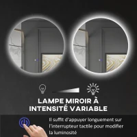 kleankin Miroir rond lumineux LED de salle de bain Ø 70 cm mural avec éclairage interrupteur tactile système antibuée  35 W gris(m-5)