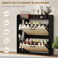 HOMCOM Scarpiera Slim con 2 Cassetti Ribaltabili e 3 Vani Aperti, Capacità 15 Scarpe, 83x24x90.5 cm, Nero(m-4)