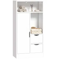 HOMCOM Meuble de salle de bain, meuble de rangement étroit avec 2 tiroirs, compartiments ouverts, 50x25x100cm, blanc(m-17)