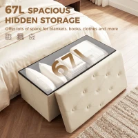 HOMCOM Velvet Upholstered Foldable Ottoman Footrest, Storage Ottoman Bench with Wood Legs for Living Room, Cream White(m-4)