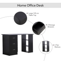 HOMCOM Computer Desk, Home Office Desk, Writing Table, PC Workstation with 3 Storage Shelves and 3 Drawers for Working, Study, 120 x 49 x 72 cm, Black(m-4)