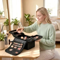 HOMCOM Beauty case de maquillage avec 4 compartiments amovibles, bandoulière et poignée, Noir(m-2)