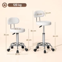 HOMCOM Tabouret à roulettes, tabouret de massage avec hauteur réglable 70-86 cm et dossier, pivotant 360°, blanc(m-3)