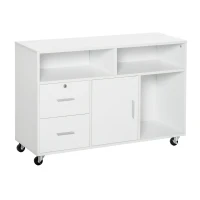 HOMCOM Support d'imprimante à 2 tiroirs meuble de rangement sur roulettes étagères ouvertes et placard, 100 x 35 x 65 cm, blanc(m-1)