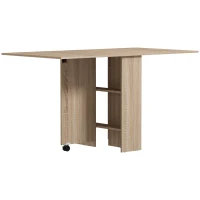HOMCOM 80-140 cm Folding Dining Table for 4-6 People, Drop Leaf Table with 2-Tier Shelves, Rolling Casters, for Small Spaces, Kitchen, Flat, Dining Room, Natural(m-10)